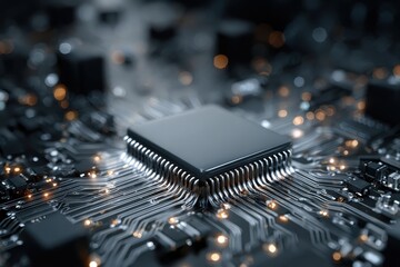 Poster - Close-up view of a computer chip showcasing intricate details of circuits and connections, highlighting advanced technology at work in the electronics industry