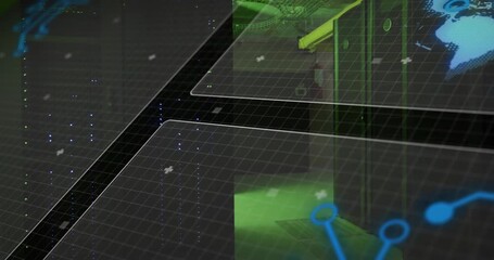 Poster - Grid panel appearing triggers globe rotating, network nodes pulsing and visualizing data flow