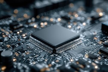 Poster - Close-up view of a computer chip showcasing intricate details of circuits and connections, highlighting advanced technology at work in the electronics industry
