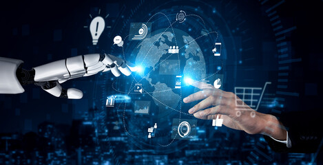 Poster - AI managing global digital marketing, optimizing communication, analyzing data trends, and automating content delivery across diverse online networks. Vouch