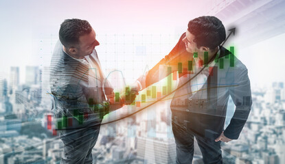 Poster - Two business partners engage in a handshake against an urban backdrop with financial growth graphs, illustrating collaboration and future success in their venture. Impute