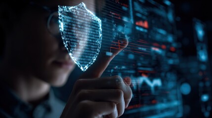 Poster - Data Security Analysis: A person meticulously reviews and analyses critical data with the integrated shield icon emphasizing security and assurance.