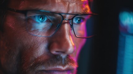 Poster - Cybersecurity Specialist: Close-up shot of a concentrated cybersecurity specialist working on a computer, data and code reflecting in his glasses, the glow of the screen illuminating his face.