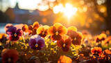 Colorful pansies in golden sunlight