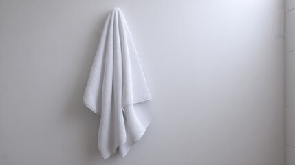 Poster - Crisp clean simple white kitchen towel hanging on white wall, providing comforting feeling of freshness and tidiness