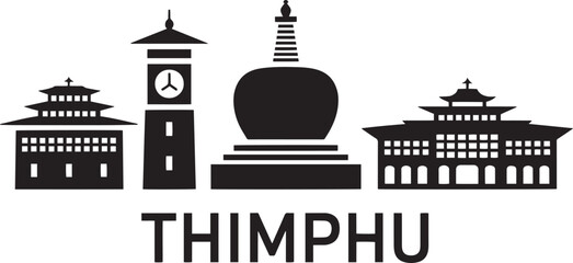 Fototapete - Thimphu Bhutan Skyline Silhouette Vector Illustration with City Name Typography