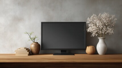 Poster - Blank black computer monitor on modern table in eco style interior room with wooden floor. Mockup. 3D rendering, no logos, no brands