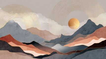 Poster - Mountain background vector. Minimal landscape art with watercolor brush and golden line art texture. Abstract art wallpaper for prints, Art Decoration, wall arts and canvas prints. , no logos, no bra