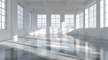 Poster - Empty white gallery space with large windows. Sunlight casts geometric shadows on white walls. Polished concrete floor reflects light. Minimalist design emphasizes potential and emptiness.