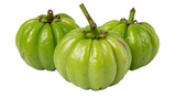 Three green garcinia cambogia fruits isolated on transparent background