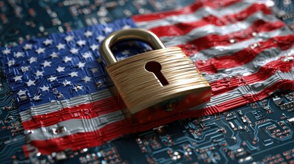 Poster - Cybersecurity concept with digital padlock and American flag.