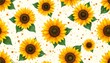 © Akun - Bright yellow sunflowers on a white backdrop.  Detailed illustration of many sunflowers with leaves and subtle watercolor-like dots