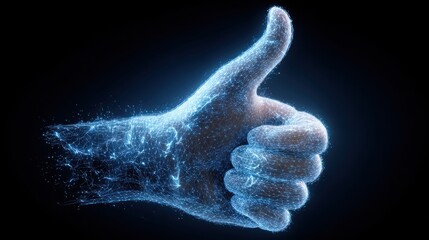 Poster - Futuristic hand gesture shows thumb up for success and approval. An abstract graphic of glowing digital thumbprint represents biometric security and modern identification technology