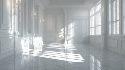 Poster - Sunlit Empty Room with Elegant White Paneling and Gray Floor