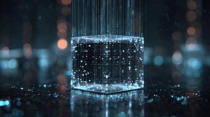 Poster - Futuristic ai agent hologram cube with flowing data streams and bokeh lights