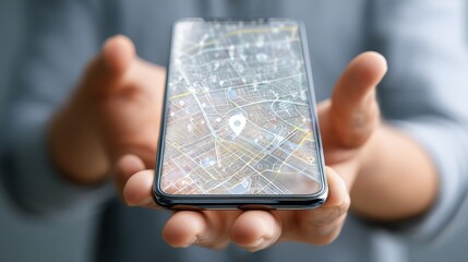 Poster - business, technology, navigation, location and people concept - close up of male hand holding and showing transparent smartphone with gps navigator map, no logos, no brands