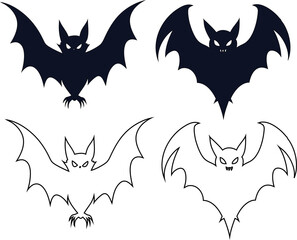 Poster - Halloween bat icon collection. Includes outline and solid silhouettes for scary designs and dark-themed projects.

