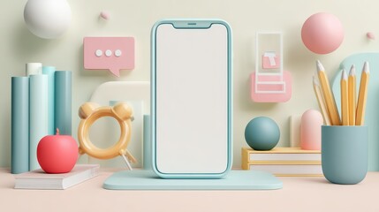 Poster - 3D Illustration. Smartphone with white blank screen and education icons on pastel color background. Online education. E-learning., no logos, no brands