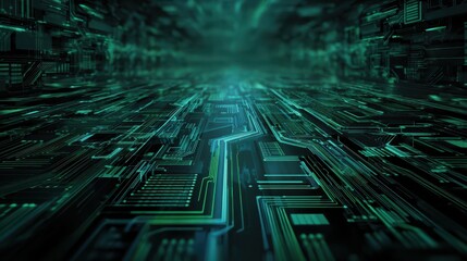 Poster - Abstract technology background featuring intricate circuit patterns and a blend of green and blue hues, symbolizing digital innovation.