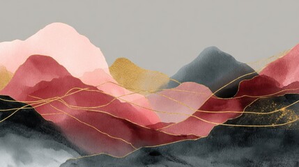 Poster - Abstract Mountain background vector. Minimal landscape art with watercolor brush and golden line texture. Abstract art wallpaper for prints, Art Decoration, wall arts and canvas prints. , no logos, n
