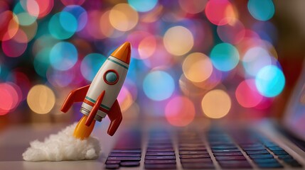 Poster - Toy rocket launching from laptop keyboard, colorful bokeh background, closeup shot