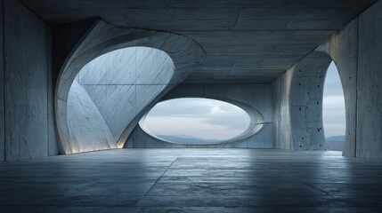 Poster - 3D render of abstract futuristic architecture with empty concrete floor, product and car presentation background, copy space, Geometric structure design