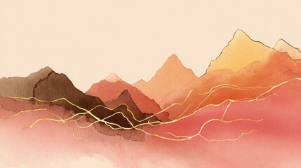 Poster - Mountain background vector. Minimal landscape art with watercolor brush and golden line art texture. Abstract art wallpaper for prints, Art Decoration, wall arts and canvas prints. , no logos, no bra
