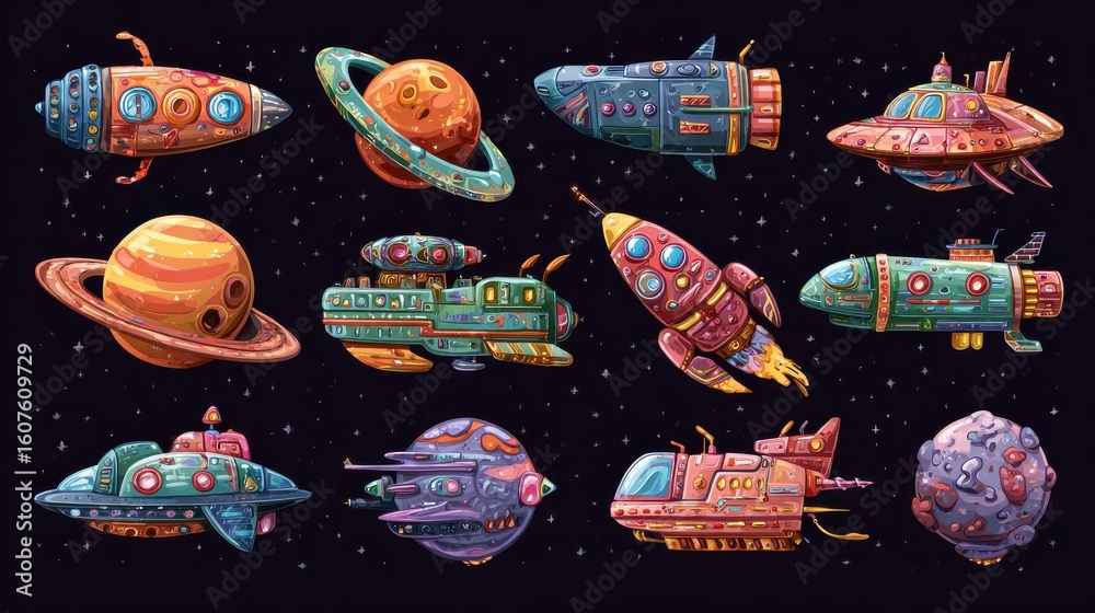 Photo Stock Cartoon planets and spaceships. Fantastic rockets, ufo and ...