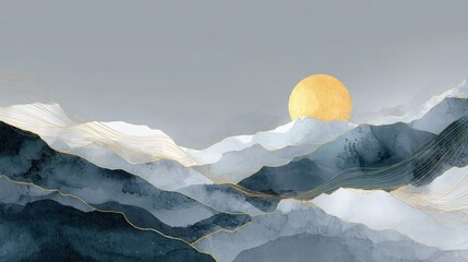 Poster - Mountain background vector. Minimal landscape art with watercolor brush and golden line art texture. Abstract art wallpaper for prints, Art Decoration, wall arts and canvas prints. , no logos, no bra