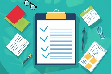 Aufkleber - Flat-lay of digital marketer’s desk with checklist, laptop, and campaign planning sheets 