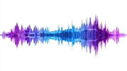 Poster - Dynamic audio waveform pattern in vibrant gradient hues of blue and purple, isolated cleanly on a white backdrop
