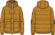 © Masum Creatives - Stylish unisex padded puffer jacket fashion flat sketch technical cad drawing, featuring a detachable hood and multiple pockets, a must-have warm winter outerwear design.