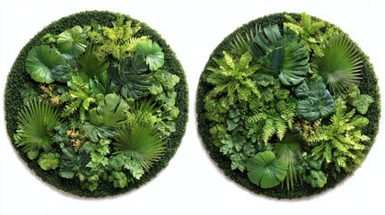 Poster - Set of round green garden wall panels from tropical plants, cut out