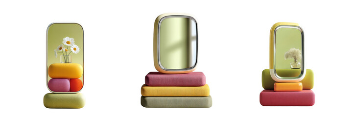 A trio of decorative objects featuring mirrors and colorful cushions are arranged on a transparent background
