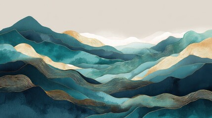 Poster - Mountain background vector. Minimal landscape art with watercolor brush and golden line art texture. Abstract art wallpaper for prints, Art Decoration, wall arts and canvas prints. , no logos, no bra