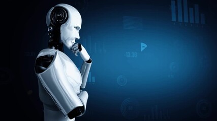 Poster - Future financial technology controll by AI robot huminoid uses machine learning and artificial intelligence to analyze business data and give advice on investment and trading decision . 3D rendering .