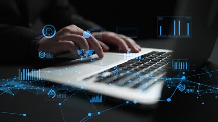 Poster - Professional Hands Typing on Laptop with Digital Data Visualization, Analysis, Global Connectivity, and Technology Concept in Dark Environment xenic.
