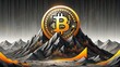 © Pasha - A Stunning Digital Artwork Depicting the Rise of Bitcoin with a Golden Coin on Mountain Peaks Representing Financial Success and Market Growth