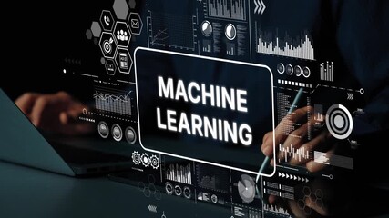 Poster - Hands Typing on Laptop with Machine Learning Graphics and Data Analysis Interface in Background. Asymptotic smart data analytic.