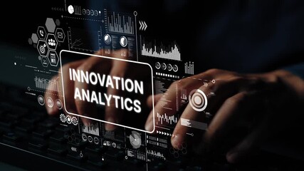 Poster - Hands Typing on a Keyboard with Digital Analytics and Innovation Graphics in a Modern Workspace Setting. Asymptotic smart data analytic.
