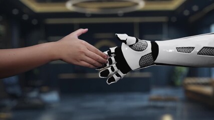 Poster - A human hand shakes a robotic hand while a digital interface displays updating progress. This video symbolizes the collaboration between human and machine in modern workspaces. Auvana