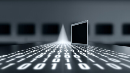 Abstract Digital background, Binary code flowing to tablet with digital light