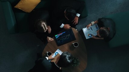Poster - Top down aerial view of business people working together to plan marketing strategy while looking at financial graph from tablet. Group of skilled diverse people brainstorm creative idea. Directorate.