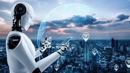 Poster - Robot hominoid use mobile phone or tablet for global network connection using AI thinking brain , artificial intelligence and machine learning process for 4th industrial revolution . 3D rendering.
