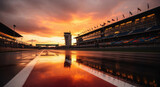 Dramatic sunset illuminates wet race track reflecting fiery skies and grandstands