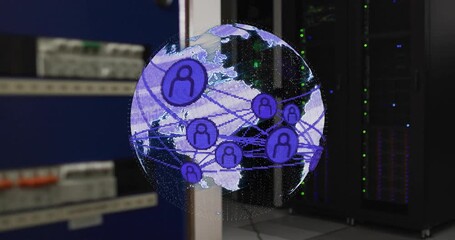 Poster - net signal activating globe appearing near server racks rotating pulsing icons showing global net