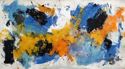 Poster - Dynamic Abstract Painting with Bold Blue Orange Yellow and Black Brushstrokes on White