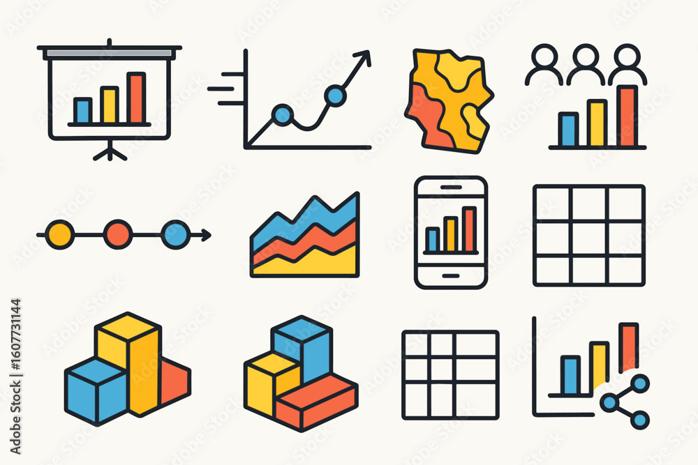 Set of Data and Analytics Icons Including Graphs, Charts, Maps, and ...