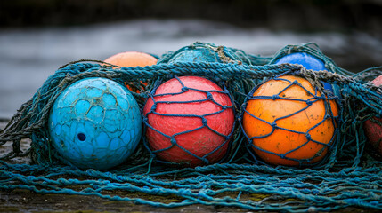 Colorful fishing net floats in a fishing net.