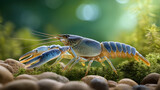 A striking macro shot of a vibrant blue crayfish in its natural habitat, showcasing intricate details.